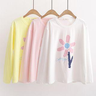 Flower-print Long-sleeve Round Neck Pullover