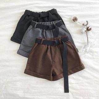 Plain High-waist Roll-up Shorts With Belt