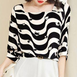Elbow-sleeve Cat Print Chiffon Blouse