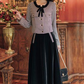 Set: Long-sleeve Tweed Blouse + Midi A-line Velvet Skirt