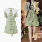 Short-sleeve Wide Collar Tie-waist Mini Shirt Dress