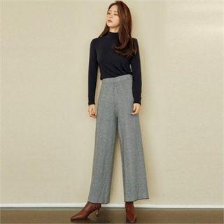 Band-waist Herringbone Pants Black - One Size