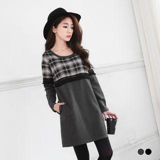Check Paneled Fringed Lace Shift Dress