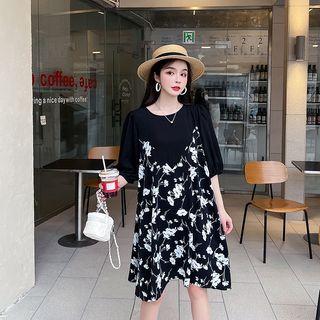 Short-sleeve Mock Two-piece Panel Floral Medium Maxi Dress