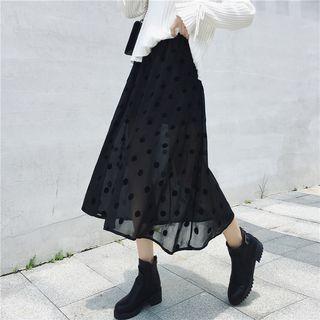 Polka Dot Midi A-line Chiffon Skirt Black - One Size