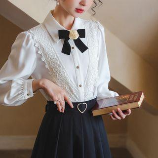 Long-sleeve Lace Trim Bow Blouse