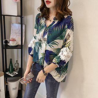 3/4-sleeve Leaf Print Lace Panel Blouse