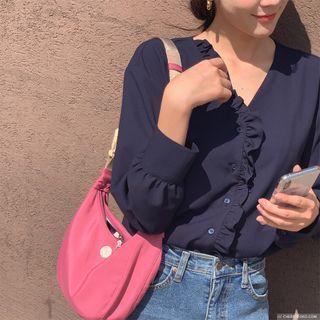 V-neck Frilled Crepe Blouse