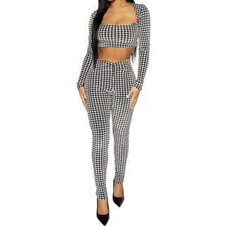 Set: Long-sleeve Houndstooth Crop Top + Skinny Pants