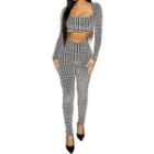 Set: Long-sleeve Houndstooth Crop Top + Skinny Pants