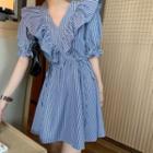 Short-sleeve Ruffle Striped Mini A-line Dress