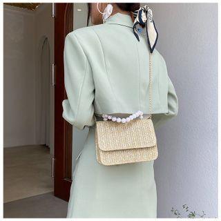 Woven Faux Pearl Chain Crossbody Bag