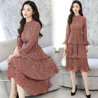 Floral Print Long Sleeve Tiered Chiffon Dress