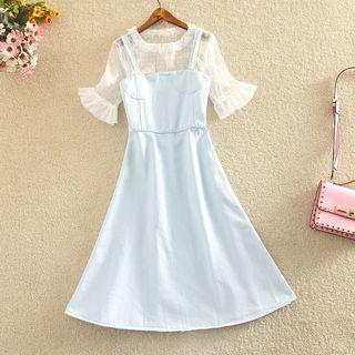 Set: Mesh Short-sleeve Top + Denim A-line Spaghetti Strap Dress