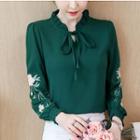 Flower Embroidered Long-sleeve Chiffon Blouse