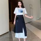 Elbow-sleeve Printed T-shirt / Mock Two-piece Midi Skirt