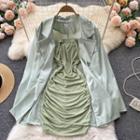 Set Of 2 : Lapel Long-sleeve Blazer + Ruched Tube Dress