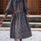 Patterned Lantern-sleeve Midi A-line Dress