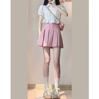 Puff-sleeve Shirt / Pleated Mini A-line Skirt / Set