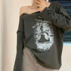 Cold-shoulder Print T-shirt Metal - Ash Black - One Size