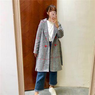 Plaid Double-breasted Coat With Sash