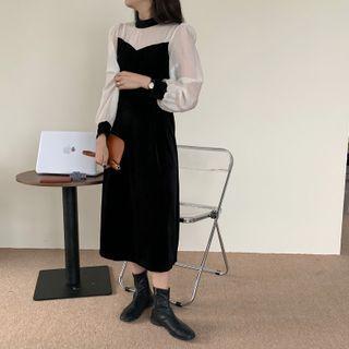Color Block Long-sleeve Midi A-line Dress Black - One Size