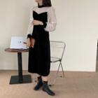 Color Block Long-sleeve Midi A-line Dress Black - One Size