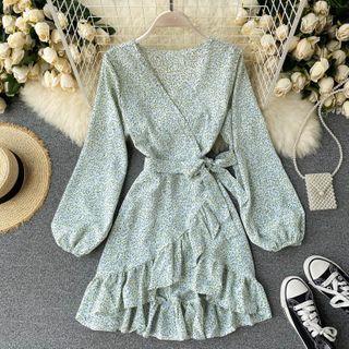 Long-sleeve Ruffled Floral Print Mini A-line Dress