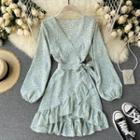 Long-sleeve Ruffled Floral Print Mini A-line Dress