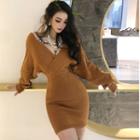 Long-sleeve V-neck Mini Sheath Dress Light Brown - One Size