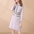 Tweed Contrast Trim 3/4-sleeve A-line Dress