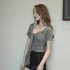 Ribbon V-neck Short-sleeve T-shirt