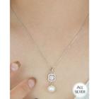 Faux-pearl Rhinestone Clover-pendant Silver Necklace