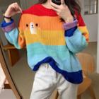 Long-sleeve Cartoon Embroidered Striped Sweater As Shown In Figure - One Size