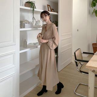 Open-placket Gathered-waist Shirred Dress