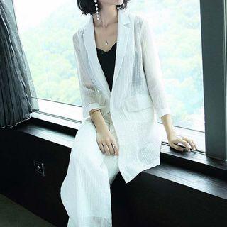 Set: Open Front See Through 3/4-sleeve Blazer + Wide-leg Pants