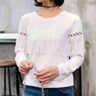 Cutout Fringed Trim Long-sleeve T-shirt