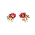 Simple And Elegant Plated Gold Enamel Red Flower Earrings With Cubic Zirconia And Imitation Pearls Golden - One Size