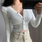 Ribbed Knit Cropped Cardigan White - One Size