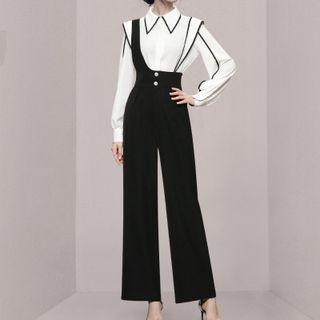 Set: Contrast Trim Shirt + One-shoulder Wide-leg Jumper Pants