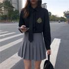 Plain Shirt + Tie / Pleated Mini Skirt