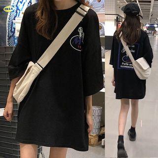 Printed 3/4 Sleeve T-shirt Dress Black - One Size