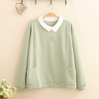 Collared Flower Embroidered Pullover Green - One Size