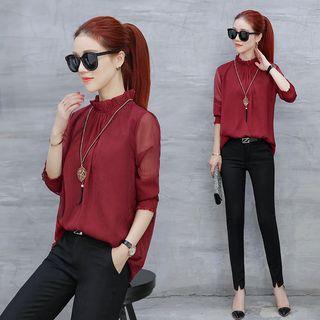 Set: Frill-neck Blouse + Chiffon Pants