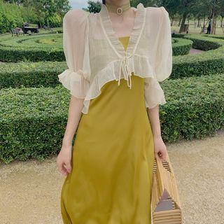 Puff-sleeve Ruffled Drawstring Light Cardigan / Spaghetti-strap Plain Dress