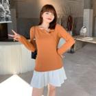 Long-sleeve Plain Irregular Button Knit T-shirt