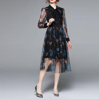 Puff-sleeve Printed A-line Mesh Dress
