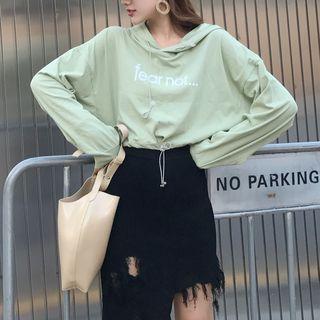 Lettering Hoodie/ Fringed Asymmetric Hem Knit Skirt