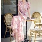 Set: Short-sleeve Floral Print Tie-waist Top + Tiered Maxi A-line Dress