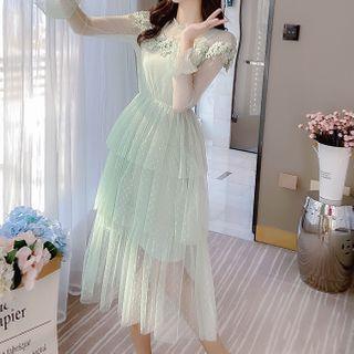 Dotted Long-sleeve Midi Mesh Tiered Dress